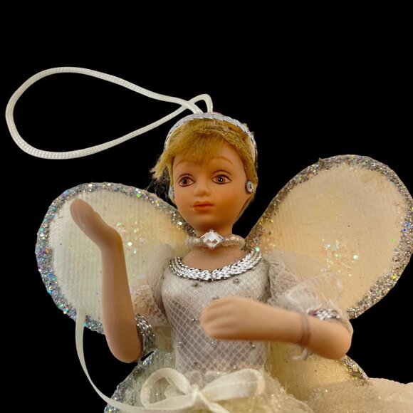 Vintage Handmade Tassel Angel Figurine with Glitter Wings & White Dress - Picture 2 of 9